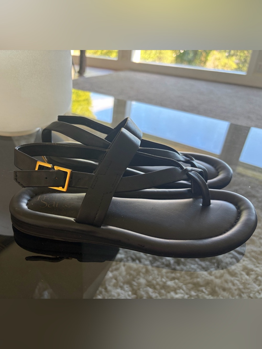 Franco Sarto Women’s Black Strappy Flat Sandals with Gold Buckle